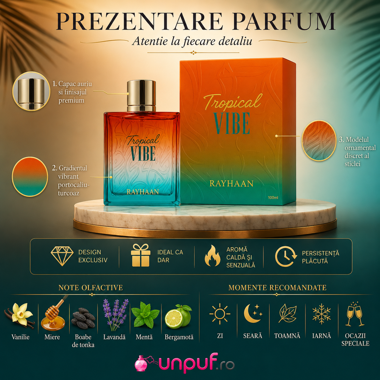 Prezentare parfum Rayhaan Tropical Vibe, flacon portocaliu turcoaz, capac auriu și design premium